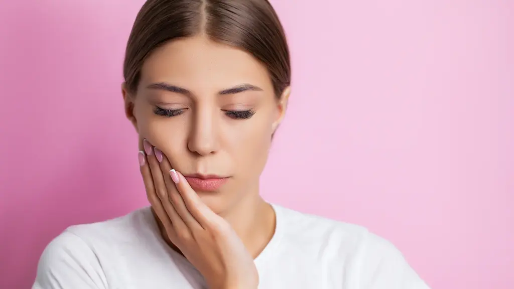 En kvinde, der oplever tandpine på en lyserød baggrund.