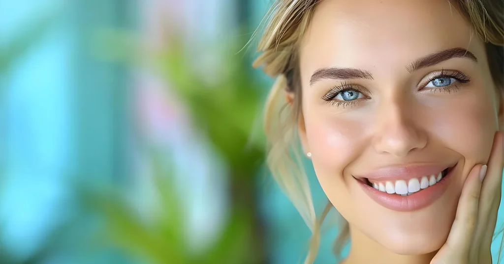 Nærbillede af en smilende kvinde med blå øjne og perfekte tænder efter kosmetisk tandpleje. Baggrunden er sløret med grønne og blå toner.